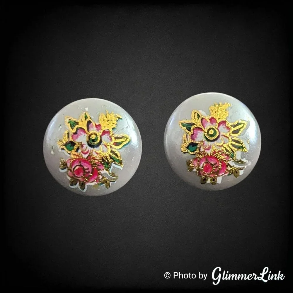 Vintage 70s Tensha Style Stud Earrings Pearled Gray Dome with Pink Gold Flowers